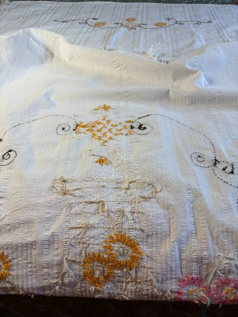 Vintage Embroidered Coverlet with Fringe. Basket of Flowers. Full Size